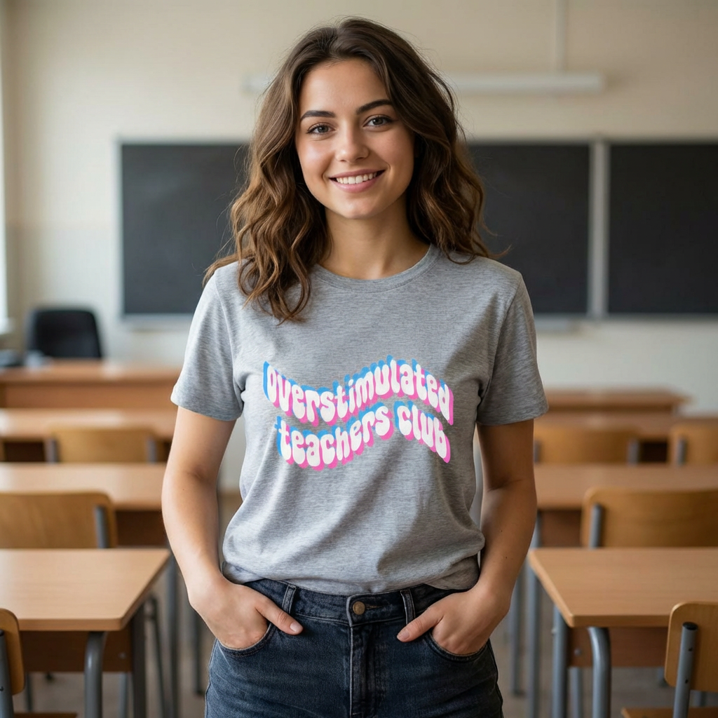 Overstimulated Teachers Club Tee | Wavy Text Teacher Shirt