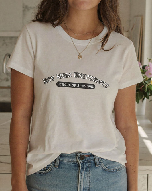 Boy Mom T-Shirt | School of Survival graphic t-shirt | Boy Mom Life Shirt | University Shirt