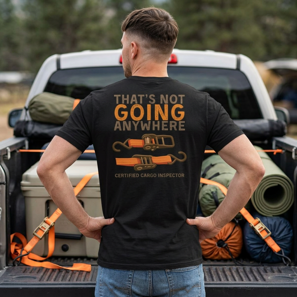 Funny Dad Cargo Strap Shirt | “Thats Not Going Anywhere” Funny Fathers Day Tee | Certified Cargo Inspector Graphic Shirt